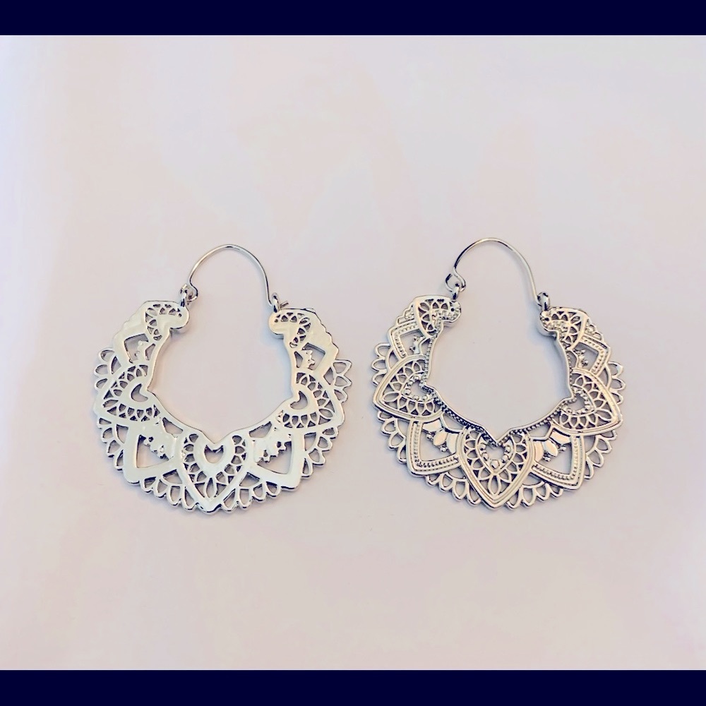 Silver Boho Statement Carved Earrings - Picture 3 of 3